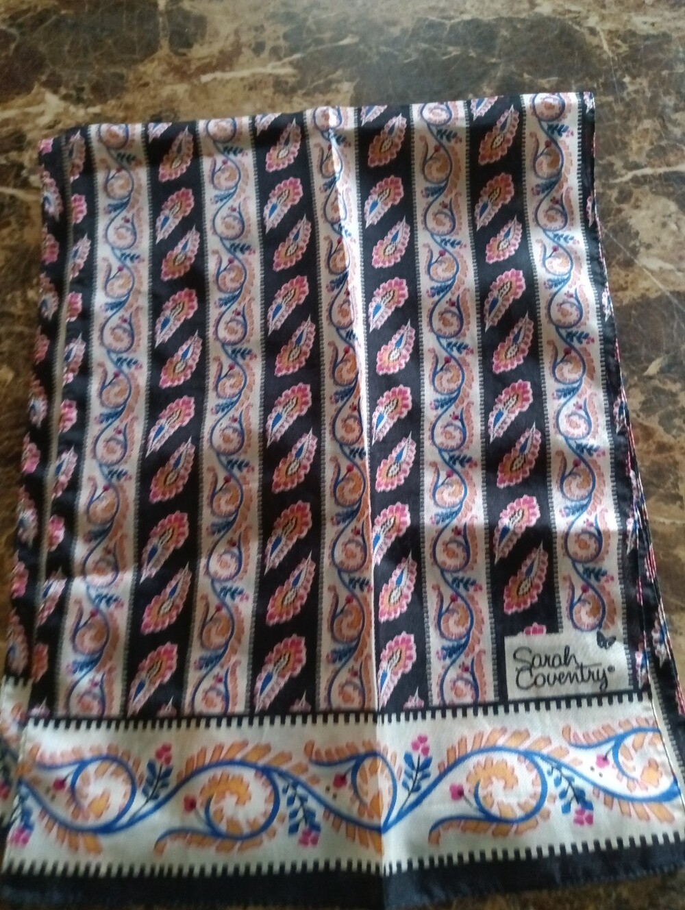 Sarah Coventry Silk Scarf Paisley Black Floral